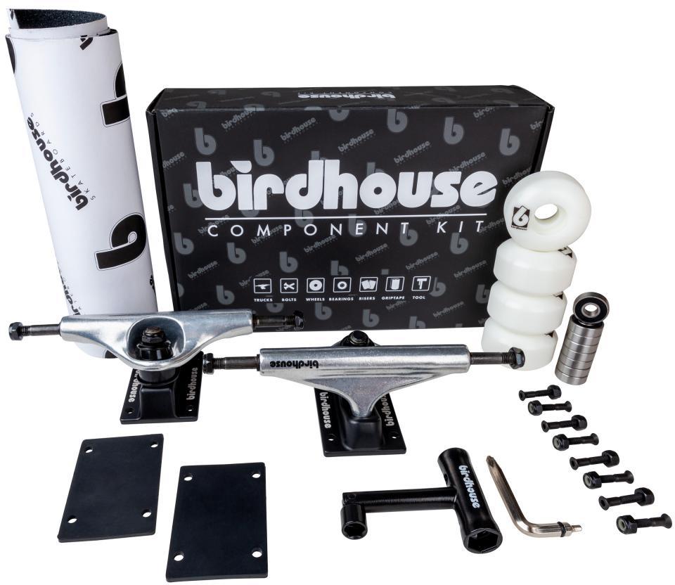 The Birdhouse Skateboard Silver / Black Component Set - 5.5" includes trucks, wheels, bearings, hardware, riser pads, grip tape, and comes in a black box with the Birdhouse logo.