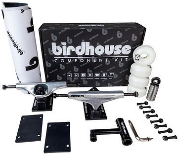 The Birdhouse Skateboard Silver / Black Component Set - 5.5" includes trucks, wheels, bearings, hardware, riser pads, grip tape, and comes in a black box with the Birdhouse logo.