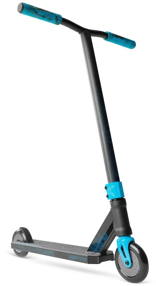 The Madd Gear Viral Rave Complete Stunt Scooter - Velocity, in black and blue with textured deck, blue grips, and small black wheels, stands upright on a white background—ideal for mastering tricks.