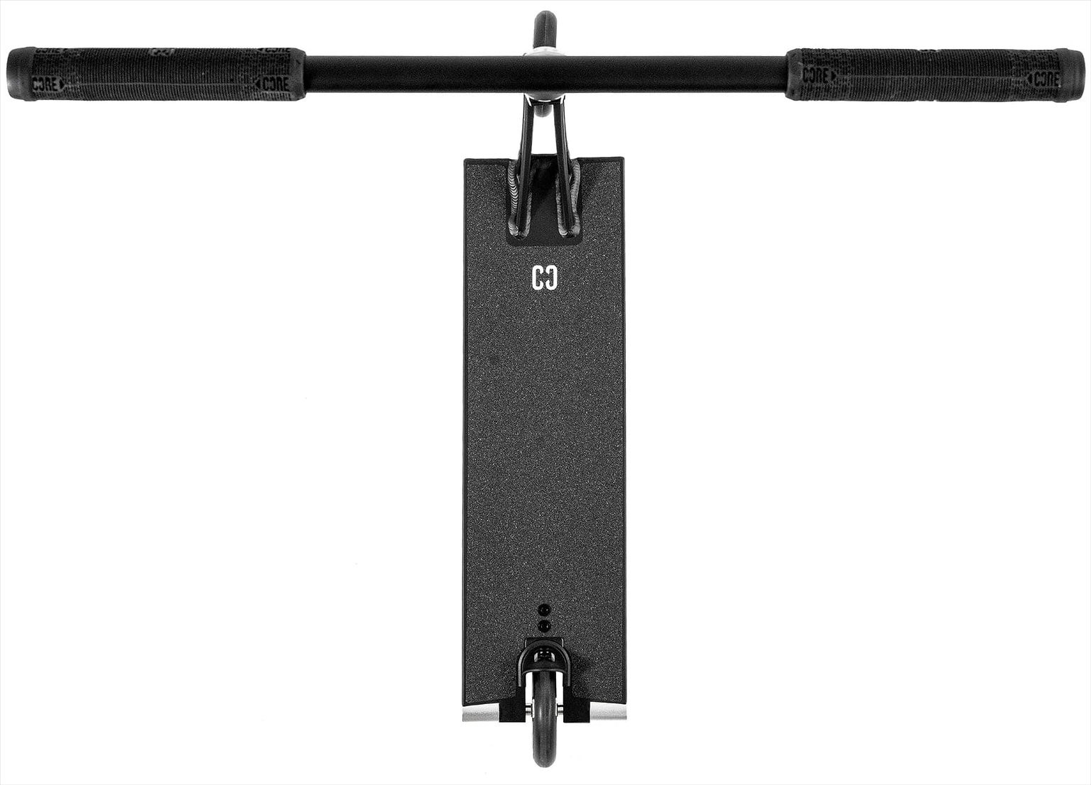 Top-down view of the CORE ST3 Complete Stunt Scooter in black by CORE, showing pro-grade features like the handlebar, deck with “CC” logo, and front wheel on a white background.