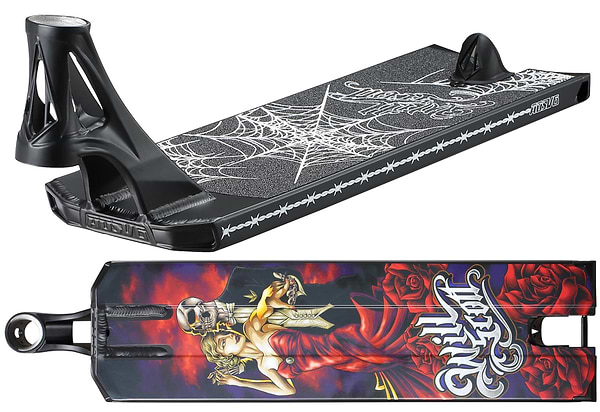 The Blunt Envy AOS V6 Will Scott Signature Stunt Scooter Deck (6.5" x 23") features a black deck with web pattern and "Wild Cat" text on top, plus a bold underside graphic of a woman in a red dress with roses and flames.