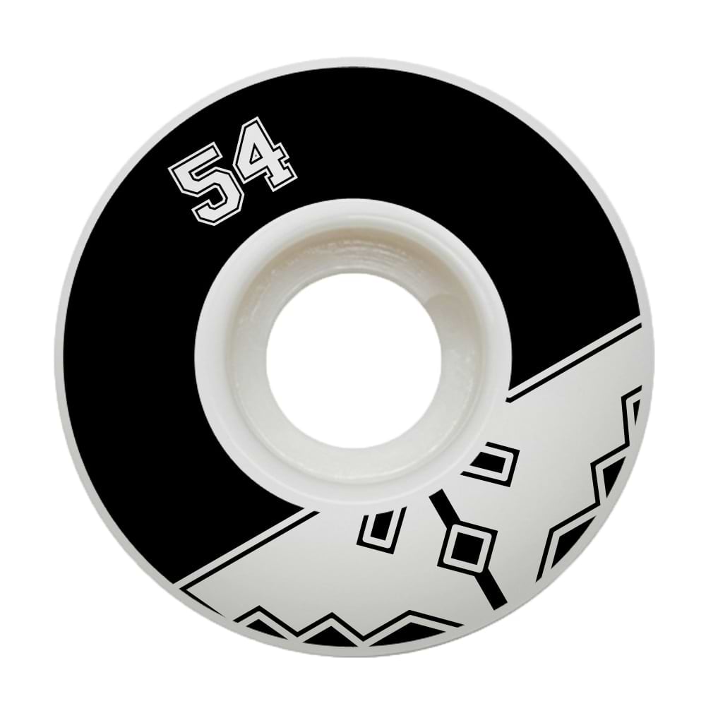 The Fracture Uni Classic 54mm 100A skateboard wheels from Fracture feature a black and white design with a stylized geometric pattern and prominently display the number "54." Made from high rebound urethane, they include a central hole for easy fitting onto a skateboard axle.