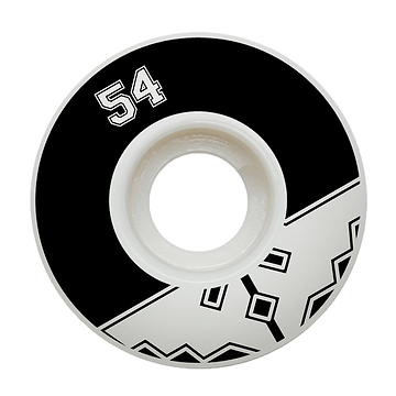 The Fracture Uni Classic 54mm 100A skateboard wheels from Fracture feature a black and white design with a stylized geometric pattern and prominently display the number "54." Made from high rebound urethane, they include a central hole for easy fitting onto a skateboard axle.