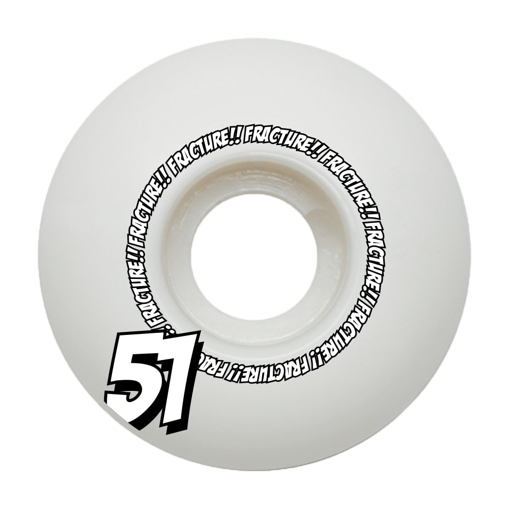 The Fracture Comic Classic 51mm 100A Skateboard Wheels - White are expertly crafted using a high rebound urethane formula. The rims are decorated with the repeated "FRACTURE" branding, while a striking black and white "51" on the left side highlights both their stylish design and performance capabilities.