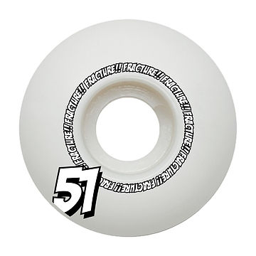 The Fracture Comic Classic 51mm 100A Skateboard Wheels - White are expertly crafted using a high rebound urethane formula. The rims are decorated with the repeated "FRACTURE" branding, while a striking black and white "51" on the left side highlights both their stylish design and performance capabilities.