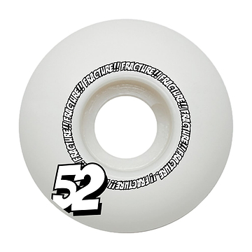 Introducing the Fracture Comic Classic 52mm 100A Skateboard Wheels in white, designed for durability and performance with high rebound urethane. These wheels feature the "Fracture!" logo in bold black at the center, and a prominent black and white "52" displayed at the bottom left, making them both stylish and functional.