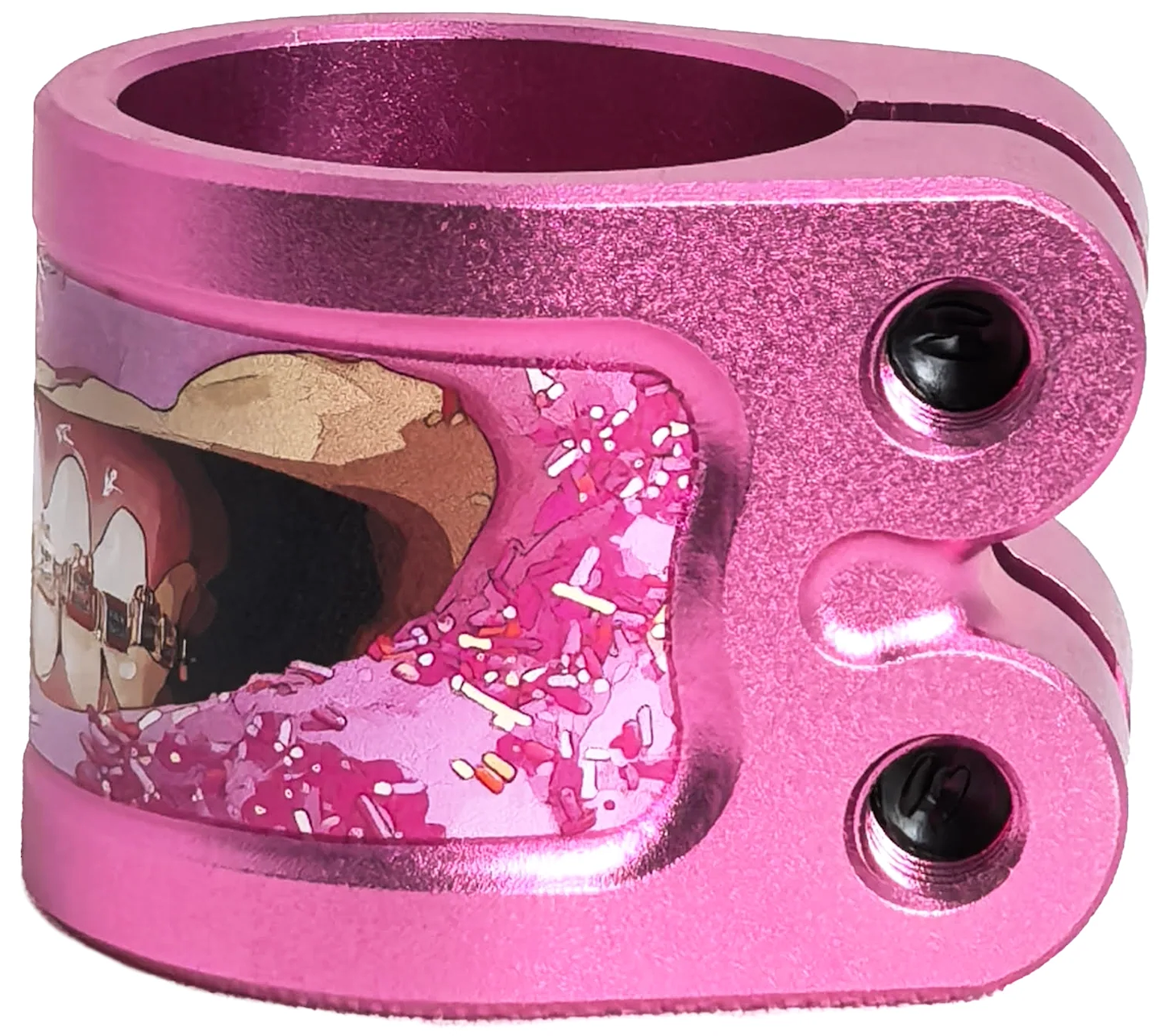 The Chubby Gnasher 2 Bolt Oversized Scooter Clamp - Pink Doughnut by Chubby is made from 7075-T6 aluminum, features a metallic pink finish, two black screws, and a cartoon doughnut design with sprinkles and a partial face.