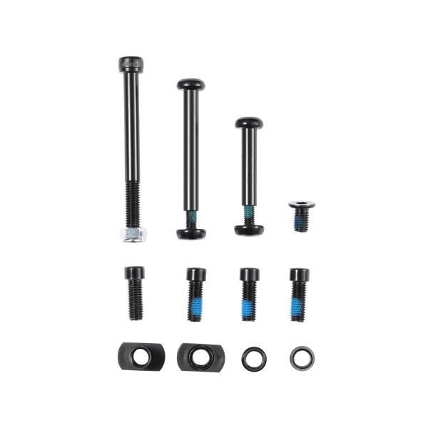 The Blunt Envy Prodigy X Hardware Pack includes black axle bolts and screws in various lengths, with matching nuts and washers, some featuring blue thread-lock—ideal replacement hardware for your Blunt Envy scooter.