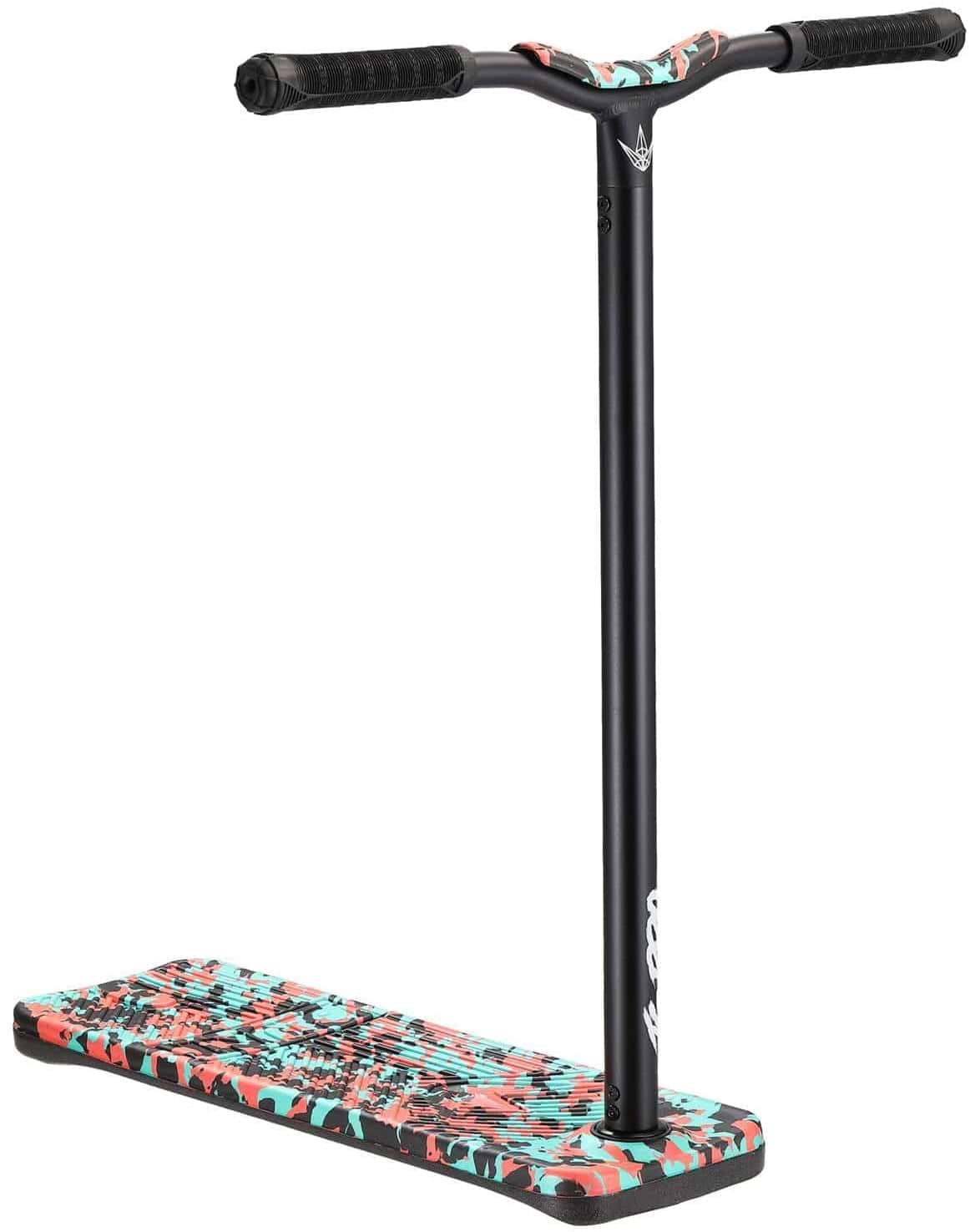 A vibrant Blunt Envy TS Pro 7.5 Indoor Trampoline Stunt Scooter in Teal Camo, highlighted by its black handlebar and stem, showcases a striking red, black, and turquoise camouflage pattern on the deck. This customizable scooter stands proudly against a plain white background, ready for your next adventure.