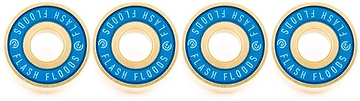 Four River Flash Floods ABEC 7 scooter bearings in blue and gold are neatly arranged. Each premium bearing displays "Flash Floods" in white on the outer ring, evocative of fast-flowing river currents.