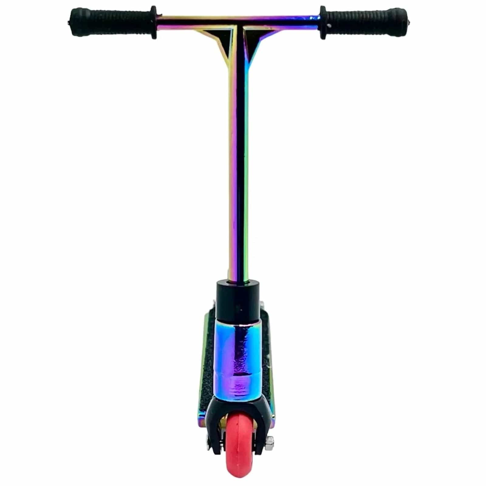 The Fingers Whips Finger Toy Scooter - Neochrome, by Finger Whips, is a vibrant finger scooter featuring black handlebars and a red front wheel, viewed from the front. Its metallic neochrome finish exhibits a stunning rainbow effect across the frame, making it ideal for performing tricks.