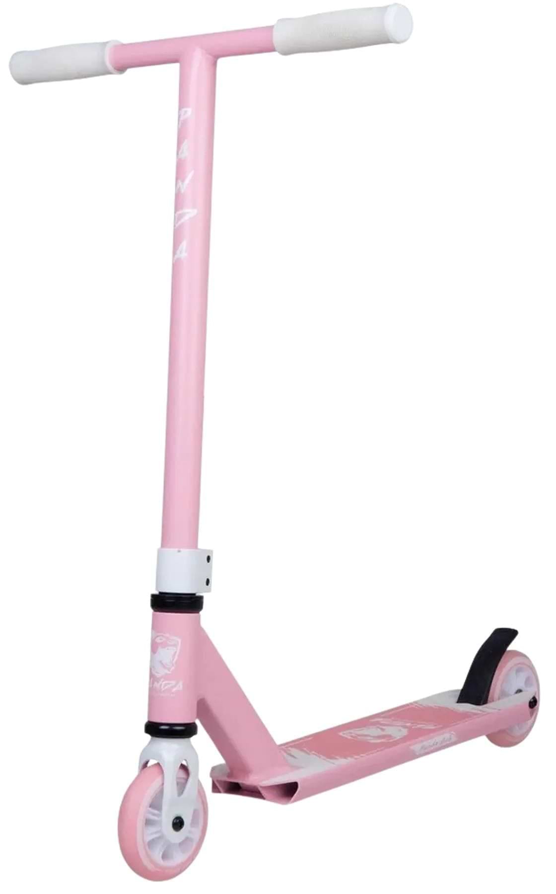 The Panda Cub Complete Stunt Scooter - Pink by Panda features white handlebars, two white wheels, a black rear brake, and a deck with white graphics. Perfect for junior riders, it stands upright against a white background.