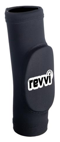 The Revvi Kids Elbow MTB Protection Pads in black, featuring a white "revvi" logo, provide reliable elbow protection for children during sports or physical activities.