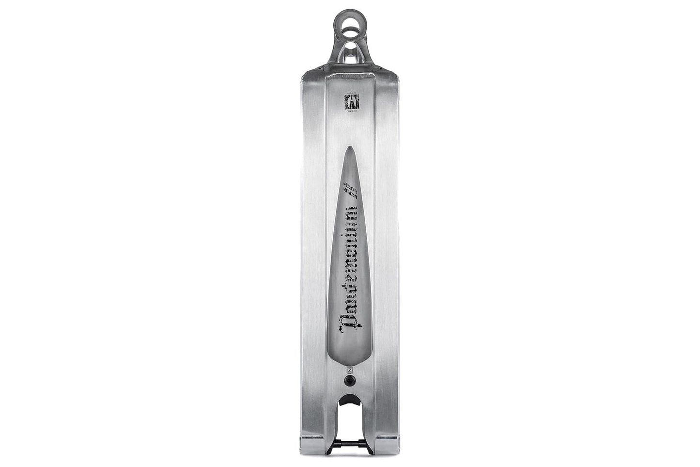 A top view of the Ethic DTC Pandemonium V2 Boxed Raw Stunt Scooter Deck (5.5" x 19.7"), in silver, with brand name engraved along the center, cutouts and mounting holes at each end—crafted from durable 6061-T6 aluminum.