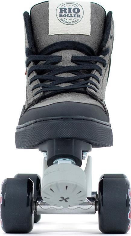 A close-up front view of the Rio Roller Ramp Quad Roller Skates - Grey by Rio Roller, featuring black laces, a black toe cap, black wheels, visible tongue label, and front axle.