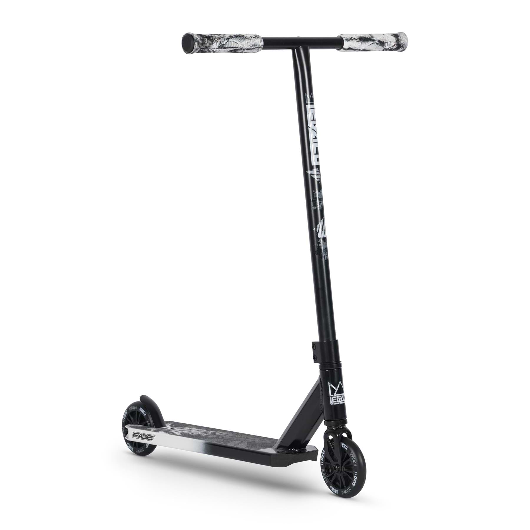 The Legacy Fade Complete Stunt Scooter by Legacy features a black/grey finish, wide T-bar handle, black and white patterned grips, small black wheels, and sleek white graphics—perfect for freestyle tricks with its minimalist design.