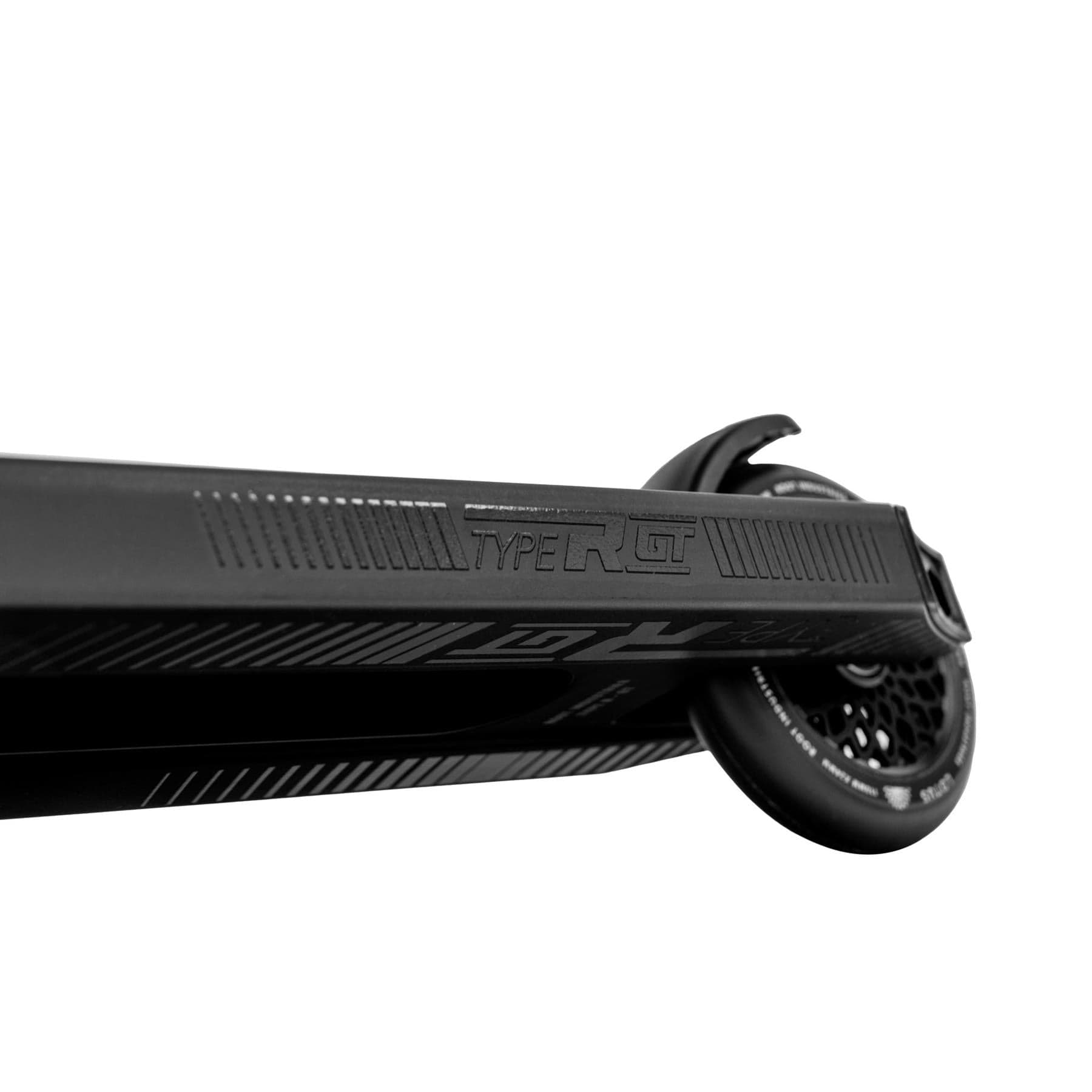 Detailed view of the Root Industries Type R GT Complete Stunt Scooter in black, highlighting its sleek deck adorned with a subtle striped design and "TYPE R GT" text, complemented by additional graphics. The scooter's wheels showcase an intricate tread pattern, enhancing the sophisticated and modern look of this lightweight pro scooter from Root Industries.