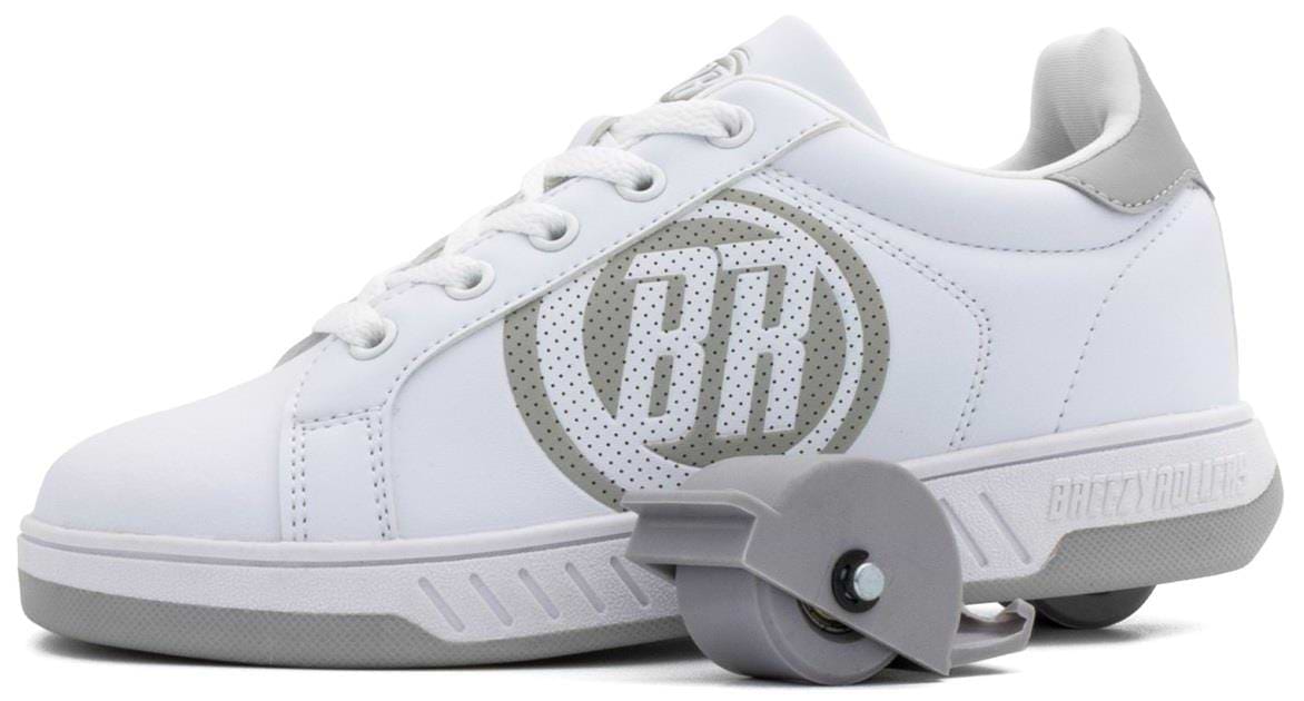 The Breezy Rollers Classic Shoes in White/Grey by Breezy Rollers feature a patented heel wheel system for walking or rolling, displayed against a plain background.