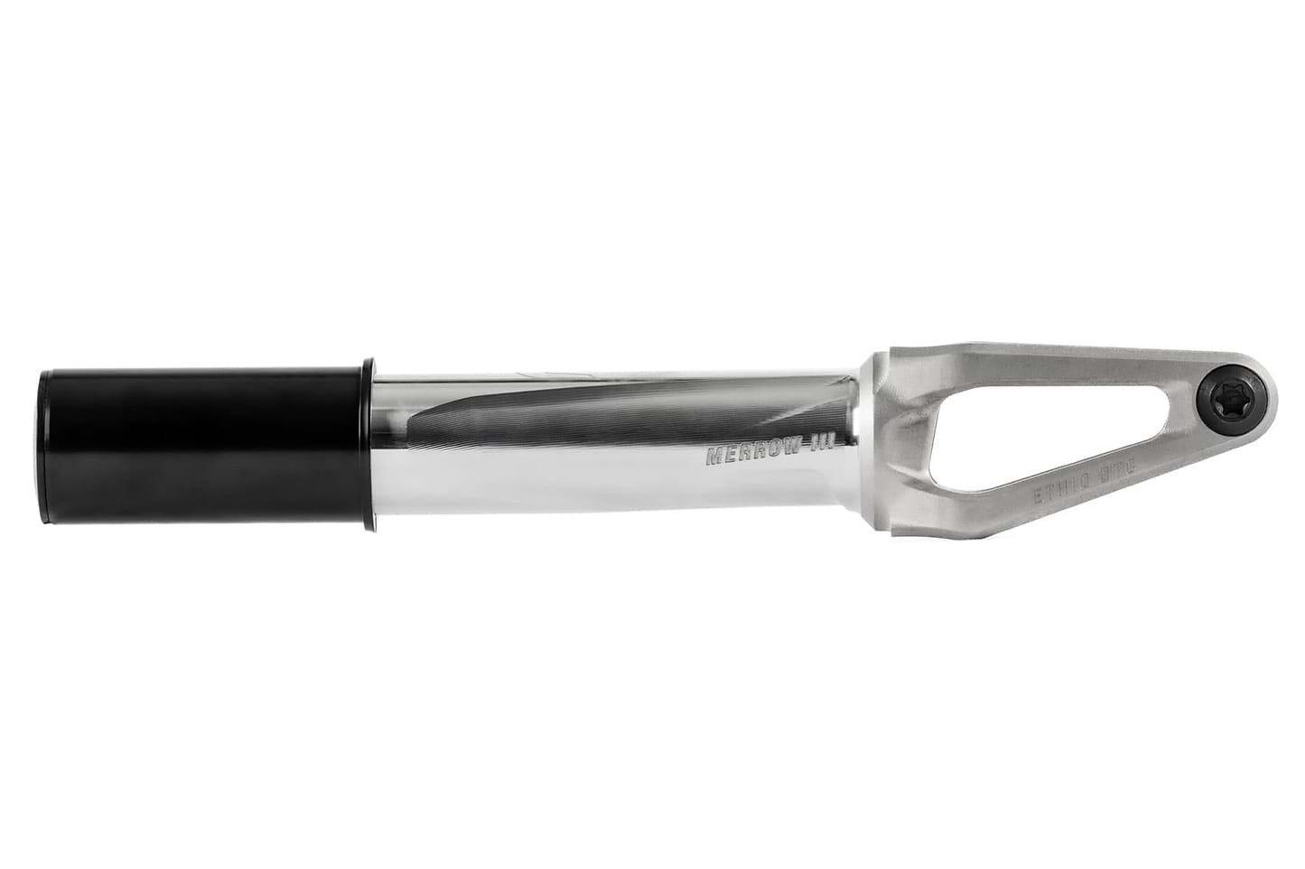 The Ethic DTC Merrow V3 HIC Stunt Scooter Fork by Ethic, shown in raw silver with a black cylindrical tube and hex bolt, is made from 7075 aluminium and displayed on a white background—one of the world’s lightest forks.