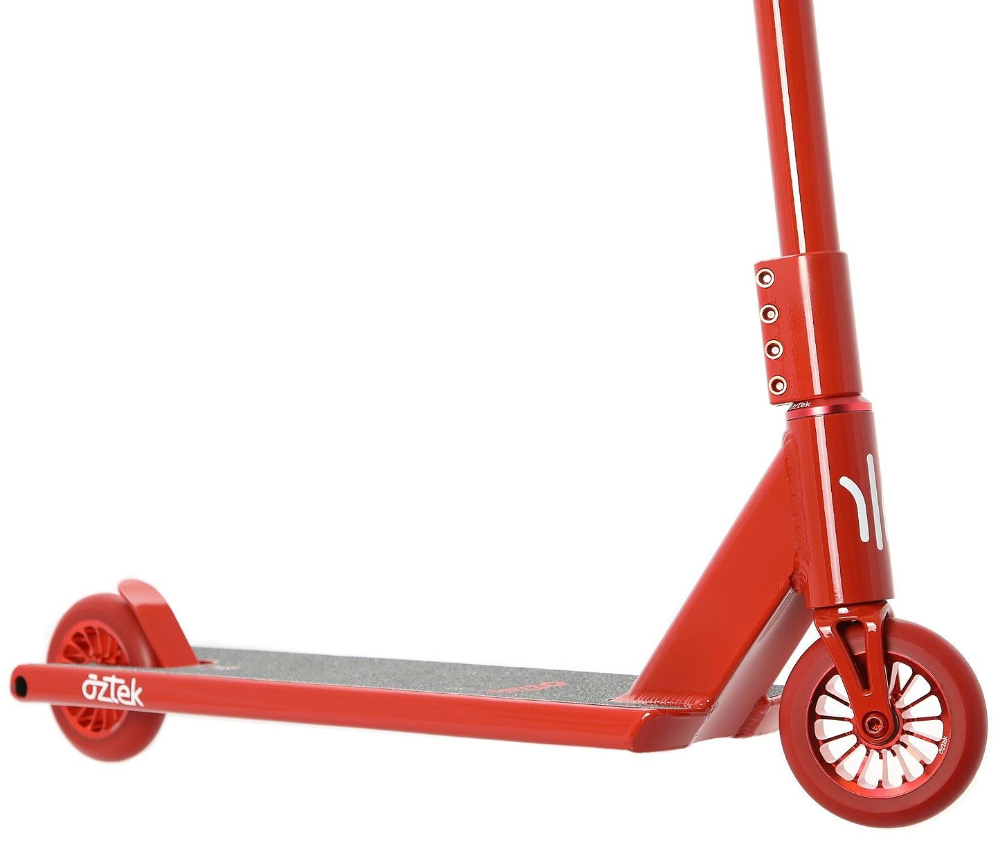 Close-up of the Aztek Architect 2 Complete Stunt Scooter in Cardinal Red, showing spoked front and rear wheels, grip-surfaced deck, and part of the handlebar. The Aztek brand logo is visible near the rear wheel, highlighting its stunt scooter design.