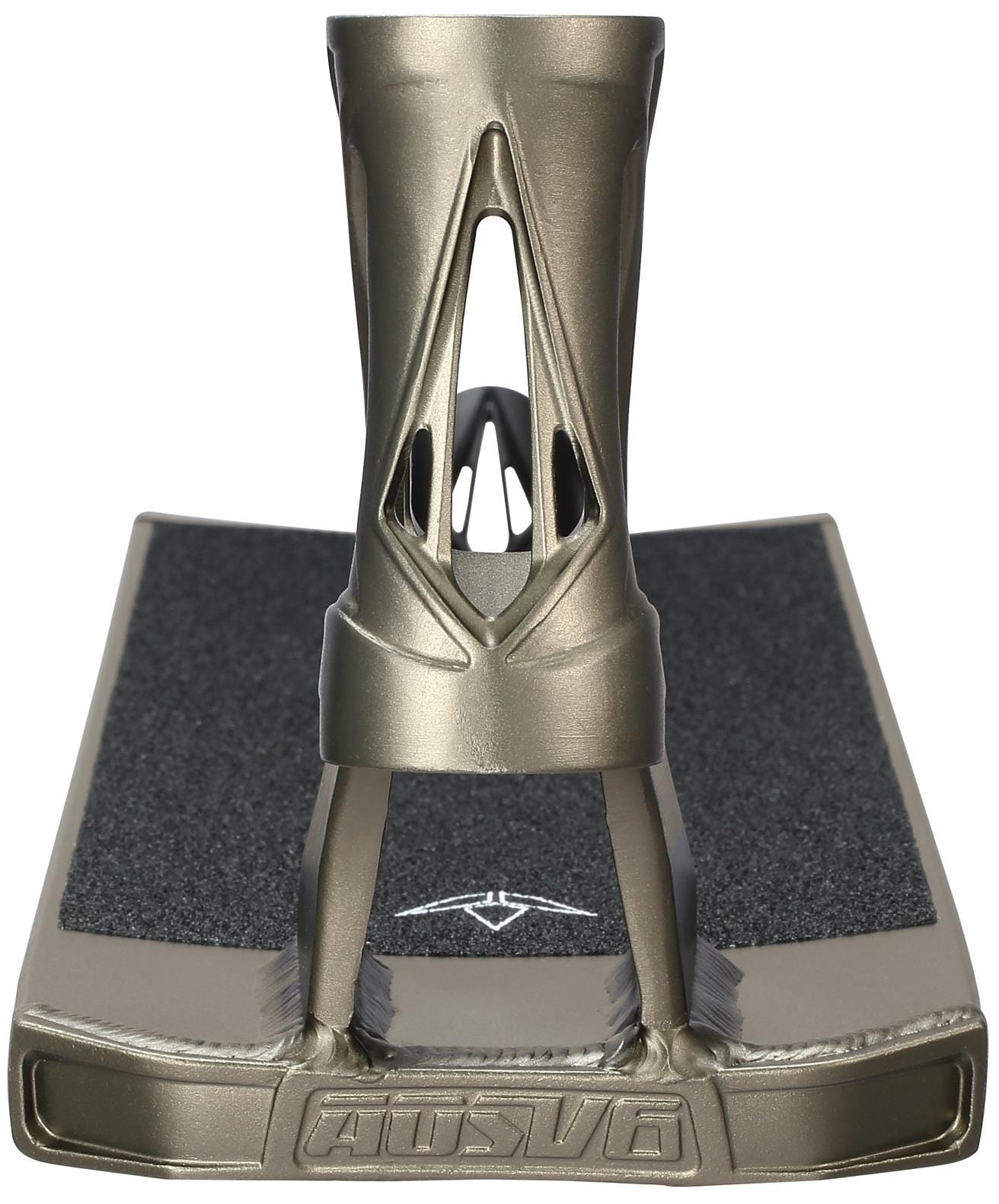 A close-up front view of the Blunt Envy AOS V6 Squad Olive Stunt Scooter Deck (6" x 22") featuring a textured black grip surface and integrated headtube.
