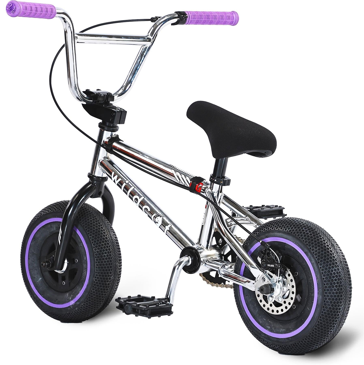 The Wildcat OG 3A Mini BMX Bike - Galaxy Purple features a chrome frame with “Wildcat” branding, fat PRO Street 65PSI tyres with purple rim accents on CNC aluminum rims, black pedals and seat, plus purple handlebar grips.