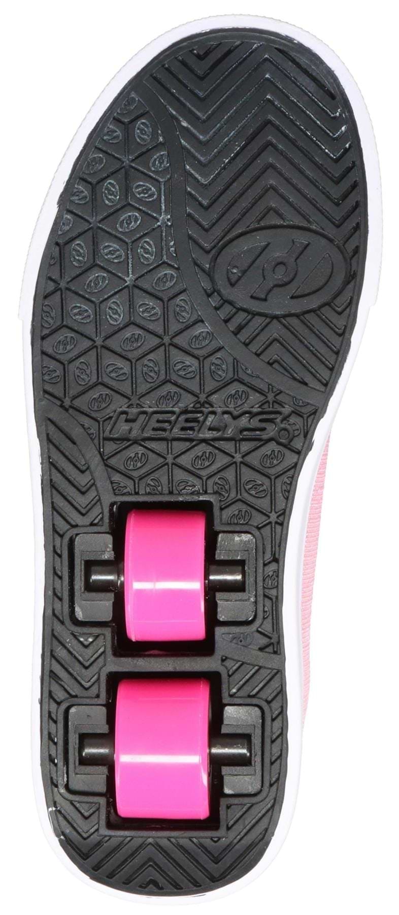 The Heelys Veloz X2 Prints Girls Shoes in Prism Pink/Neon Pink/Multi by Heelys feature two low-profile heel wheels, a patterned grip sole with a white edge, and a durable synthetic upper for skating fun.