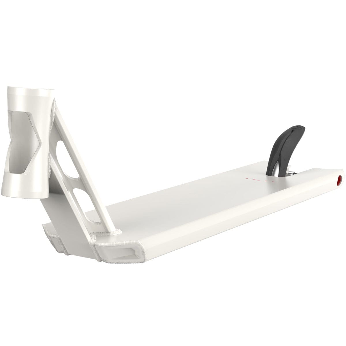 The Fuzion Entropy 2.0 Boxed White Stunt Scooter Deck, measuring 5.5" x 22", features a lightweight structure and a sleek, futuristic appearance. Its angular design enhances its style, complemented by the functional black rear brake.