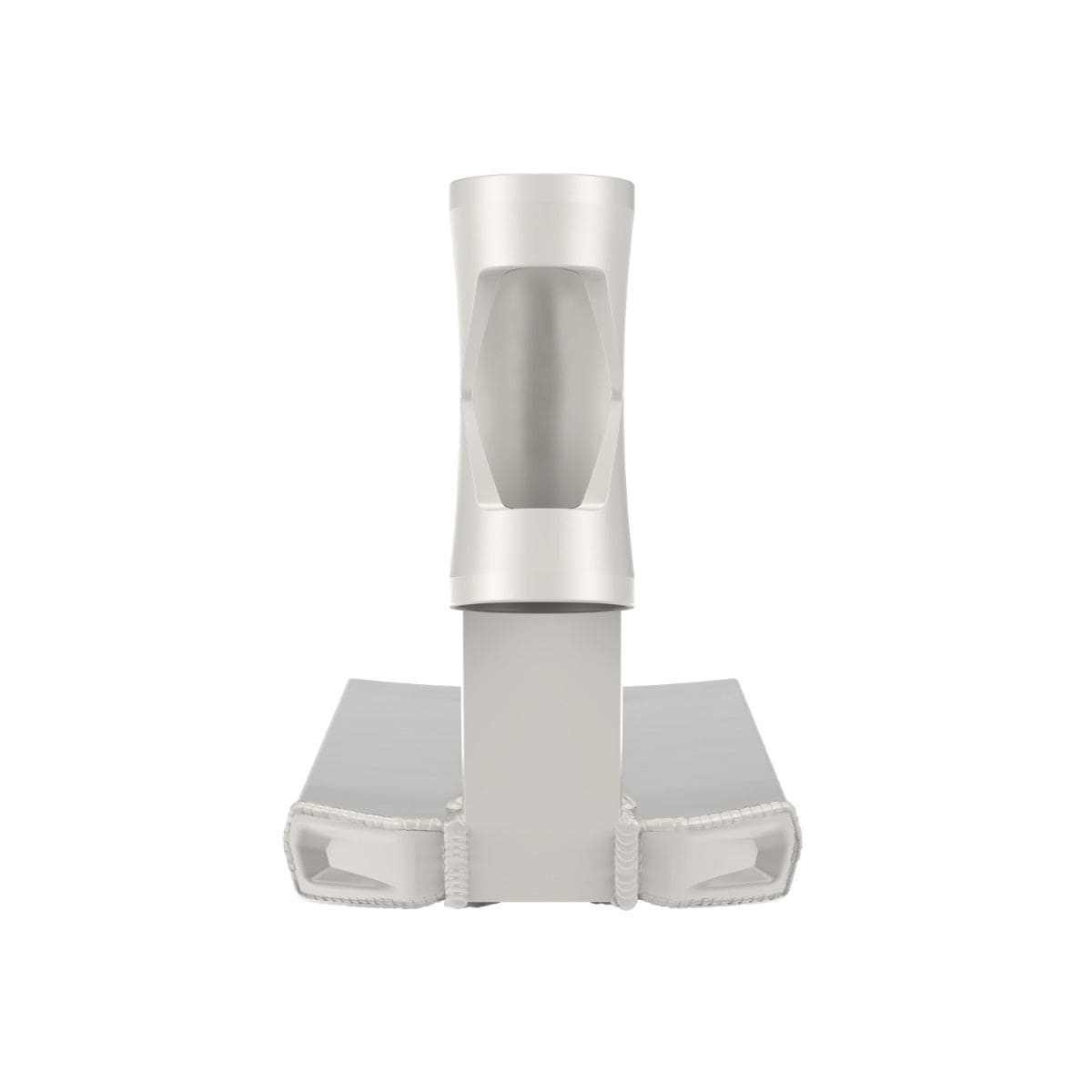 The contemporary, sleek aluminum alloy base of an adjustable table leg, seen from above, mirrors the lightweight design of a Fuzion Entropy 2.0 Boxed White Stunt Scooter Deck. It showcases a central cylindrical support and a rectangular base with rounded edges, crafted for both stability and aesthetic charm.
