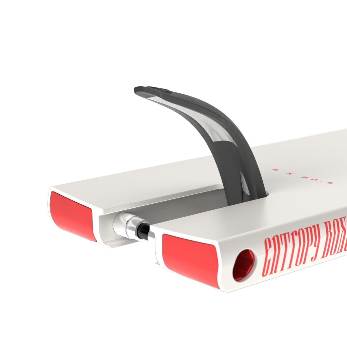 A detailed view of a white surfboard with red highlights showcases a retractable black fin mechanism and lightweight structure. The words "CITYPOP BOARD" are boldly printed on its side in red, reminiscent of the precise craftsmanship found in the Fuzion Entropy 2.0 Boxed White Stunt Scooter Deck.