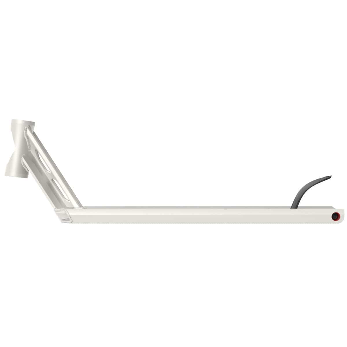 The Fuzion Entropy 2.0 Boxed White Stunt Scooter Deck - 5.5" x 22" is displayed from a side angle, emphasizing its sleek and lightweight design against a neutral backdrop. This high-performance deck boasts a streamlined appearance with a black grip end and an integrated headtube for handlebars.