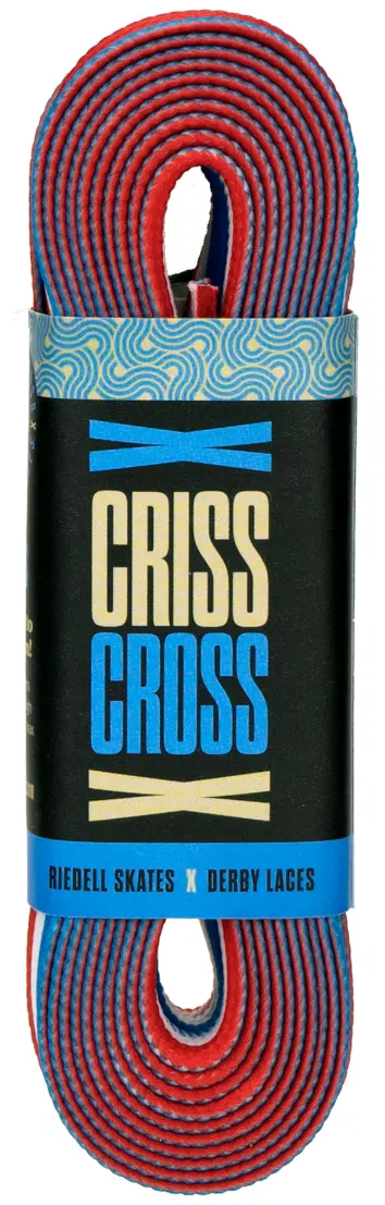 Criss Cross X Derby Laces Quad Roller Skate Laces in Blue/White/Red, by Criss Cross, come coiled with a branded label—premium wax-infused laces designed for secure and stylish skating.
