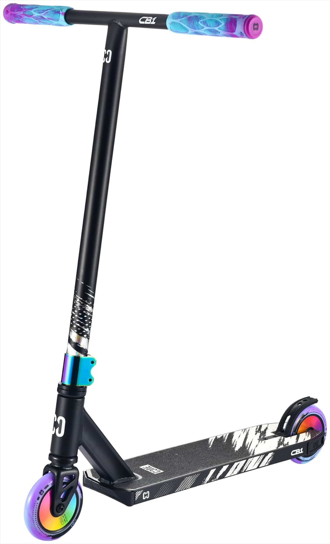 The CORE CB1 Beginner Complete Stunt Scooter by CORE features a black frame with neochrome handlebars and wheels, plus a textured black and white deck. The kids’ stunt scooter stands upright, facing slightly to the right.