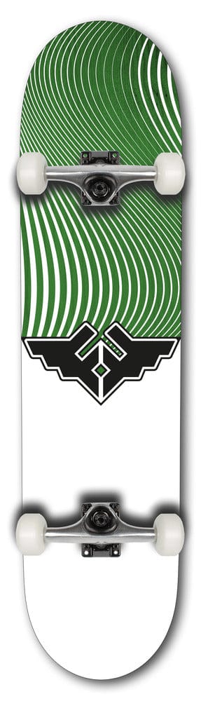 The Fracture Wings V4 Green Complete Skateboard - 7.75" x 31" features a striking green and white wavy pattern paired with a black geometric design. Its 7-ply Canadian Maple deck is outfitted with silver trucks, white wheels, and ABEC 5 bearings for a smooth riding experience.