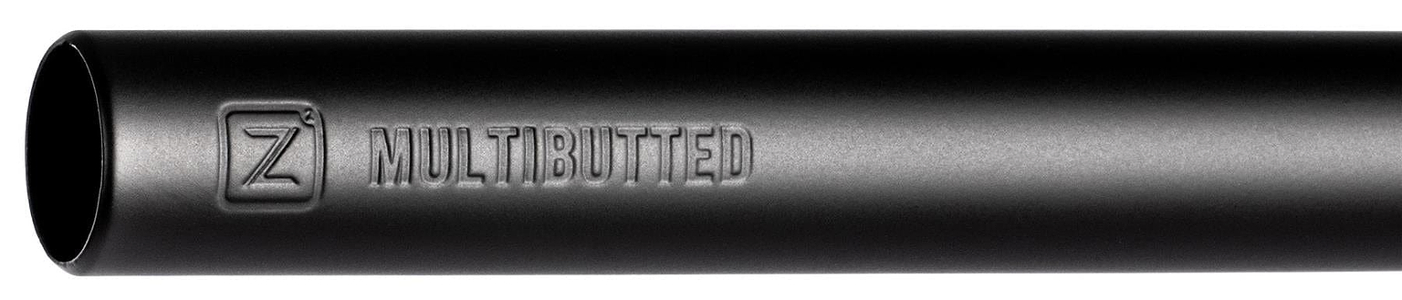 A close-up of the Ethic DTC Wolpertinger Aluminium IHC Stunt Scooter Bars in matte black (670mm x 560mm), showing "MULTIBUTTED" and a square "Z" logo—sleek and ideal for stunt scooters.