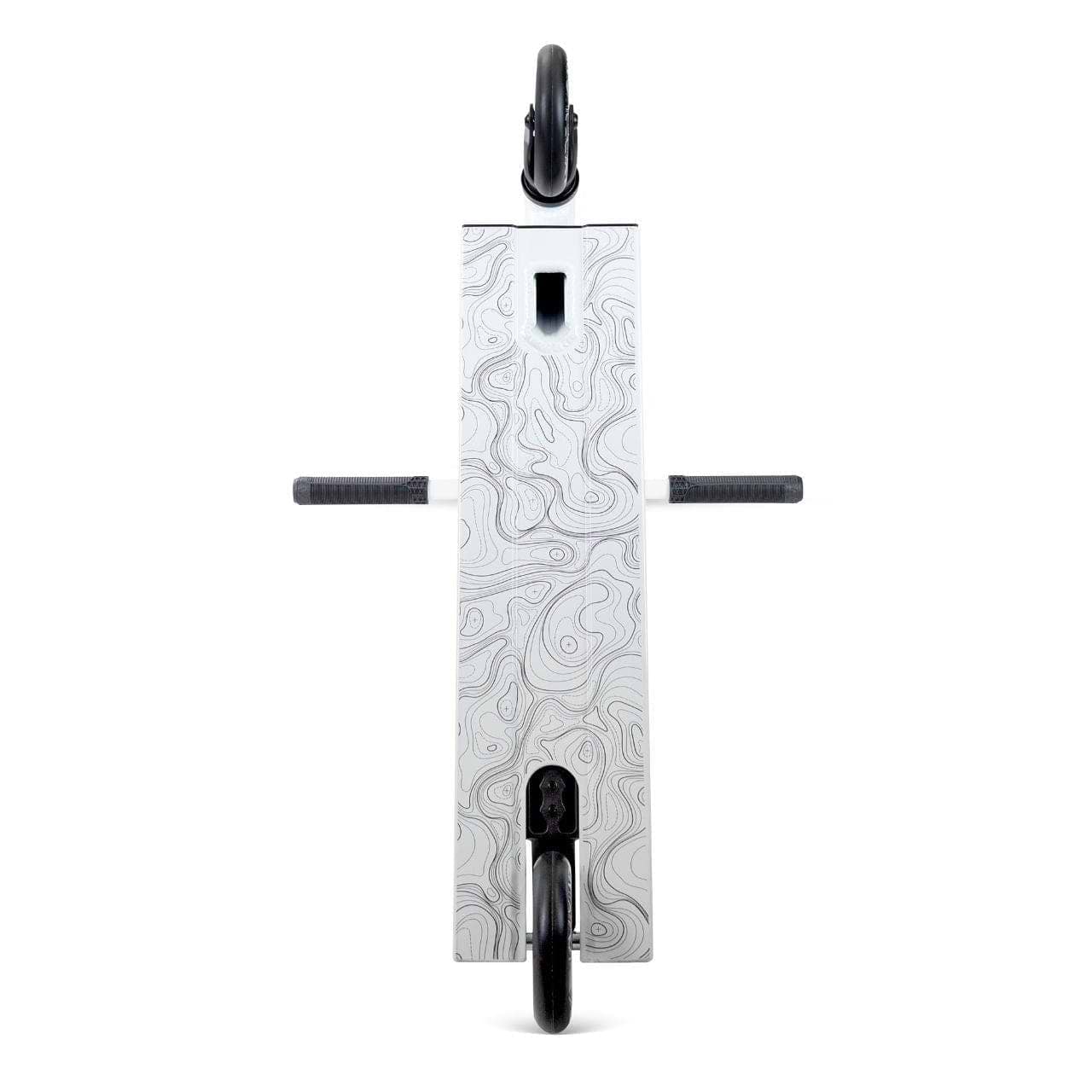 A top-down view of the Madd Gear (MGP) MG 4 Titan Complete Stunt Scooter - Arctic White, featuring black wheels and handlebars, plus a lightweight deck with a subtle light gray abstract contour map pattern.