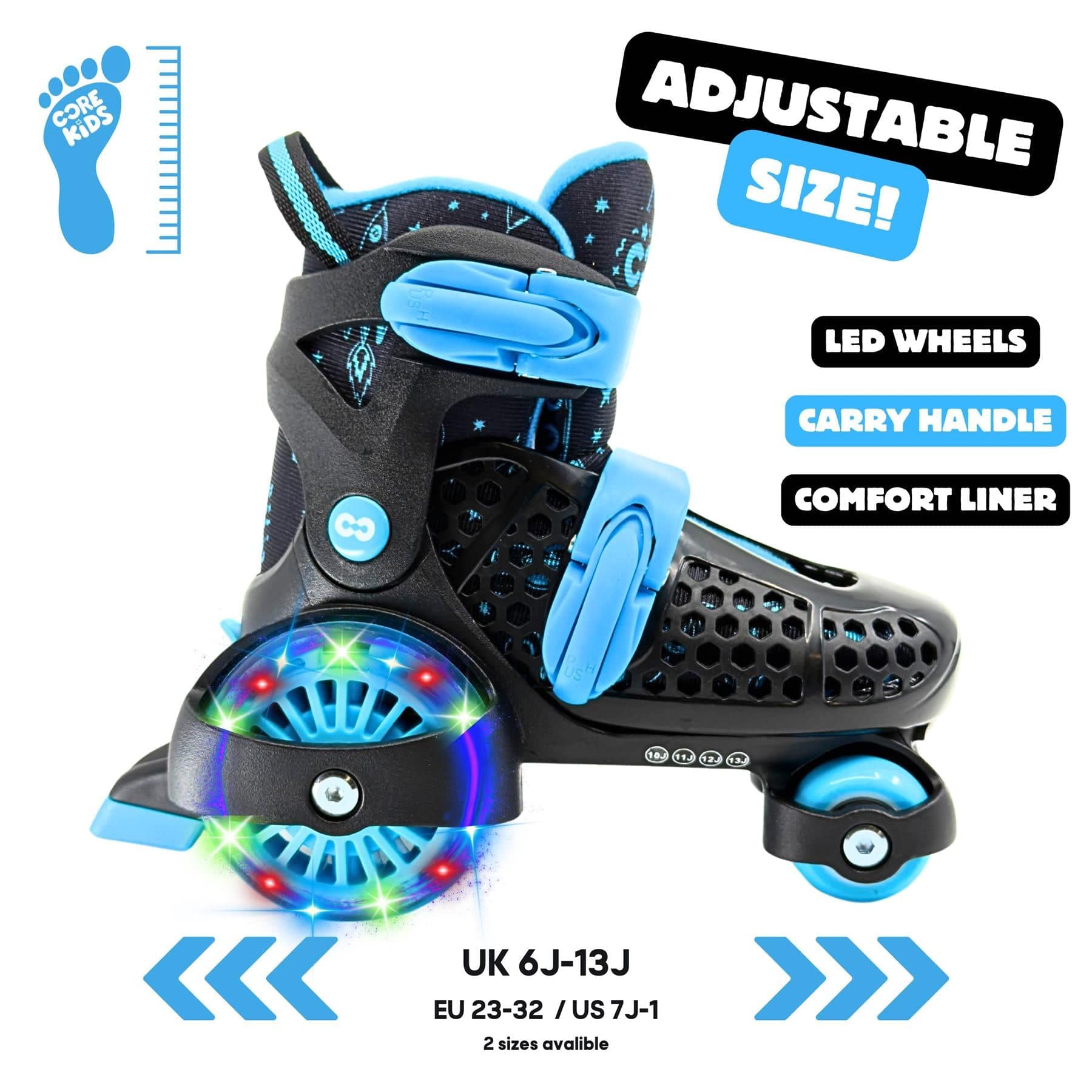 The CORE Kids Newbie LED Adjustable Roller Skates - Black / Blue by CORE feature light-up LED wheels, a comfort liner, carry handle, and adjustable sizing (UK 6J-13J/EU 23-32/US 7J-1), with labels highlighting key features.