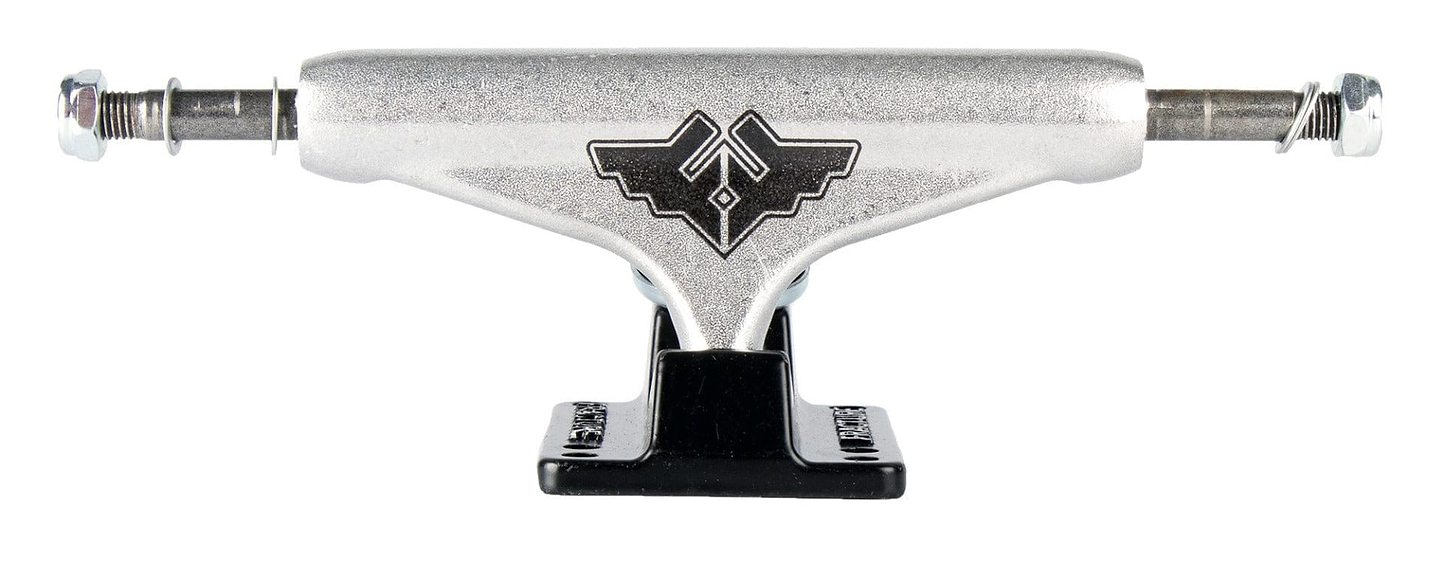 The Fracture Wings V2 Black / Raw Skateboard Trucks (Pair) - 140mm feature a silver aluminum hanger with a black baseplate and logo at its center. Each truck is designed with two axles extending from each side, complemented by 90A bushings for smooth rides.