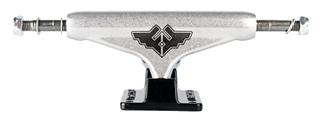 The Fracture Wings V2 Black / Raw Skateboard Trucks (Pair) - 140mm feature a silver aluminum hanger with a black baseplate and logo at its center. Each truck is designed with two axles extending from each side, complemented by 90A bushings for smooth rides.