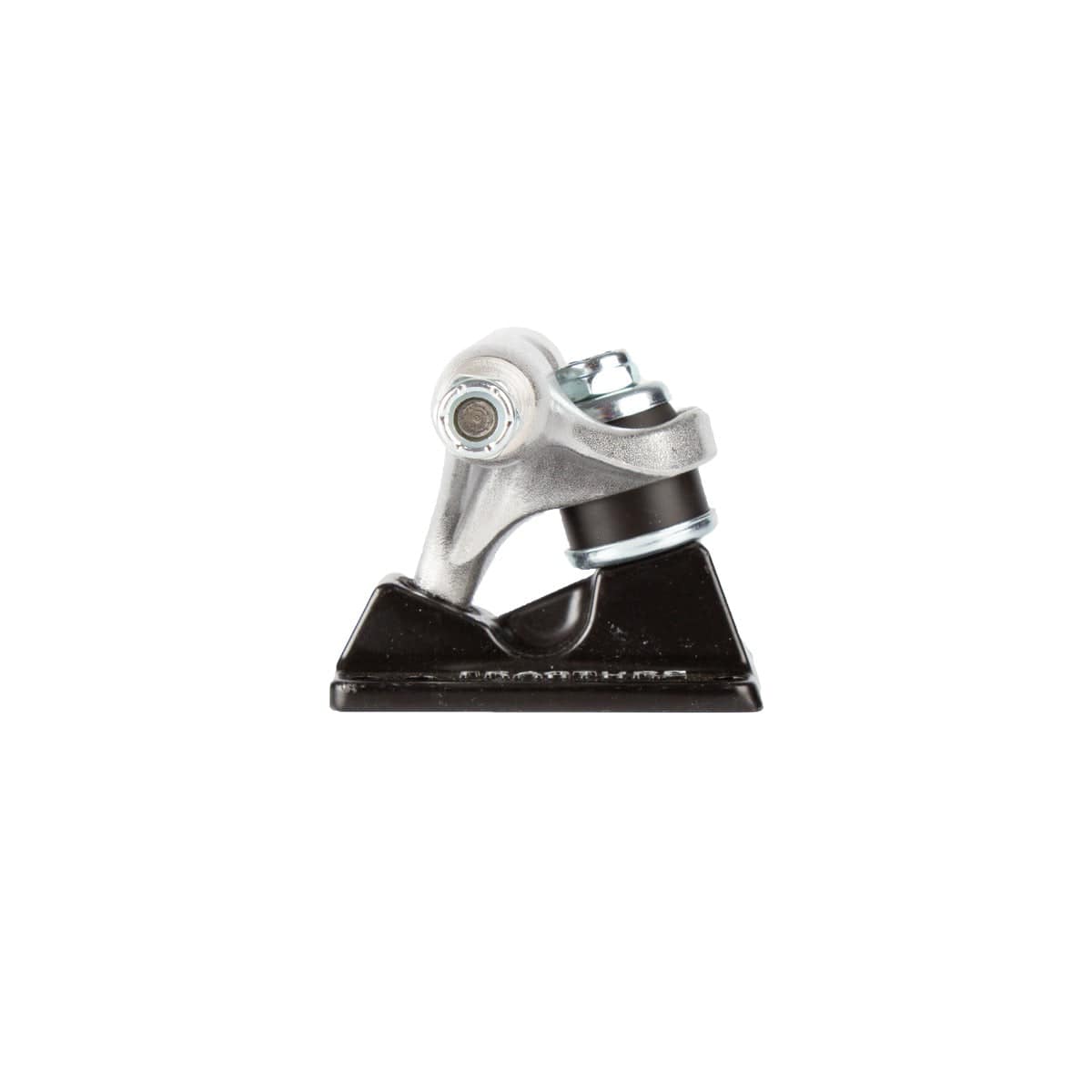 Close-up of a Fracture Wings V2 Black/Raw Skateboard Truck, featuring an aluminum hanger and black baseplate. Equipped with visible axles, kingpin, and 90A bushings, these 140mm trucks are designed to attach wheels and enable smooth turns. Set against a plain white background.