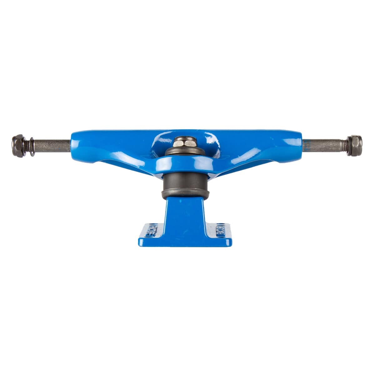 The Fracture Wings V2 Blue Skateboard Trucks, measuring 133mm and sold as a pair, highlight their aluminum hanger and mounting base from the front. These trucks boast a shiny finish with black bushings and silver-toned nuts at both ends of the axle, exemplifying Fracture's robust design.