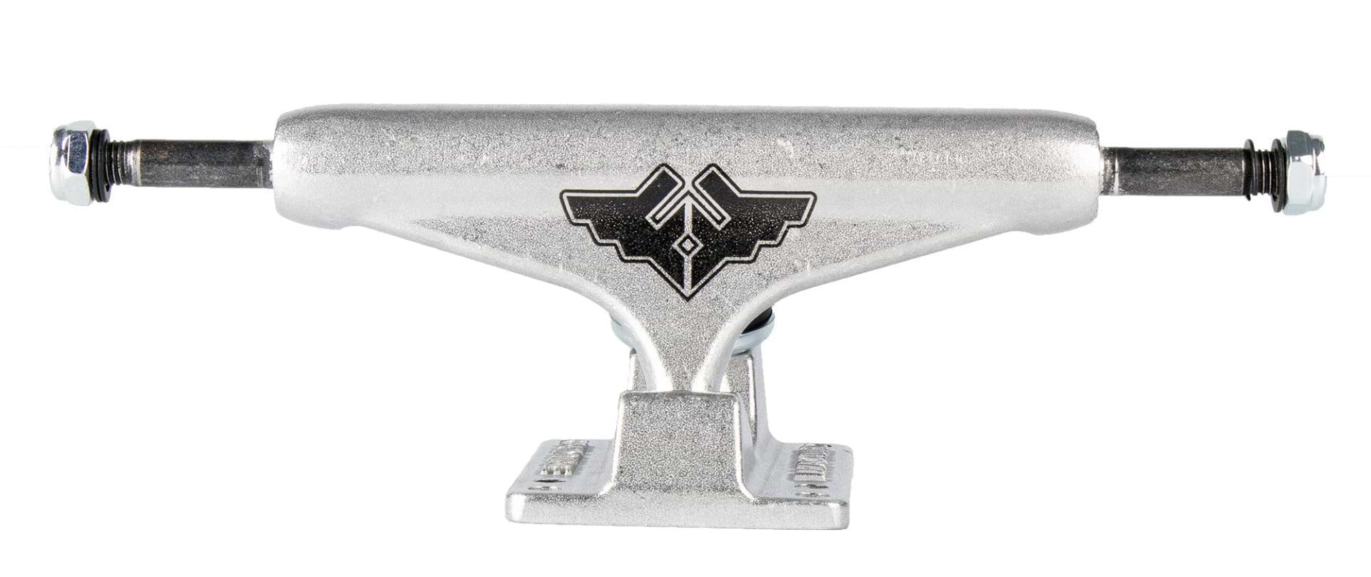 A close-up view showcases the Fracture Wings V2 Raw Silver Skateboard Truck, featuring 90A bushings and adorned with a black Fracture Wings logo on the hanger. The 133mm truck has a polished metallic finish, displayed from a front-facing angle to emphasize its design and structure.