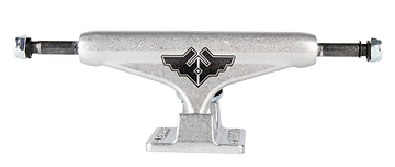 A close-up view showcases the Fracture Wings V2 Raw Silver Skateboard Truck, featuring 90A bushings and adorned with a black Fracture Wings logo on the hanger. The 133mm truck has a polished metallic finish, displayed from a front-facing angle to emphasize its design and structure.