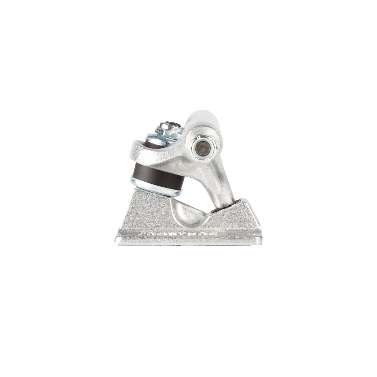 The Fracture Wings V2 Raw Silver Skateboard Truck, set against a plain white backdrop, highlights its sleek polished silver design. Equipped with a baseplate and kingpin, this truck also prominently displays its 90A bushings near the pivot point.