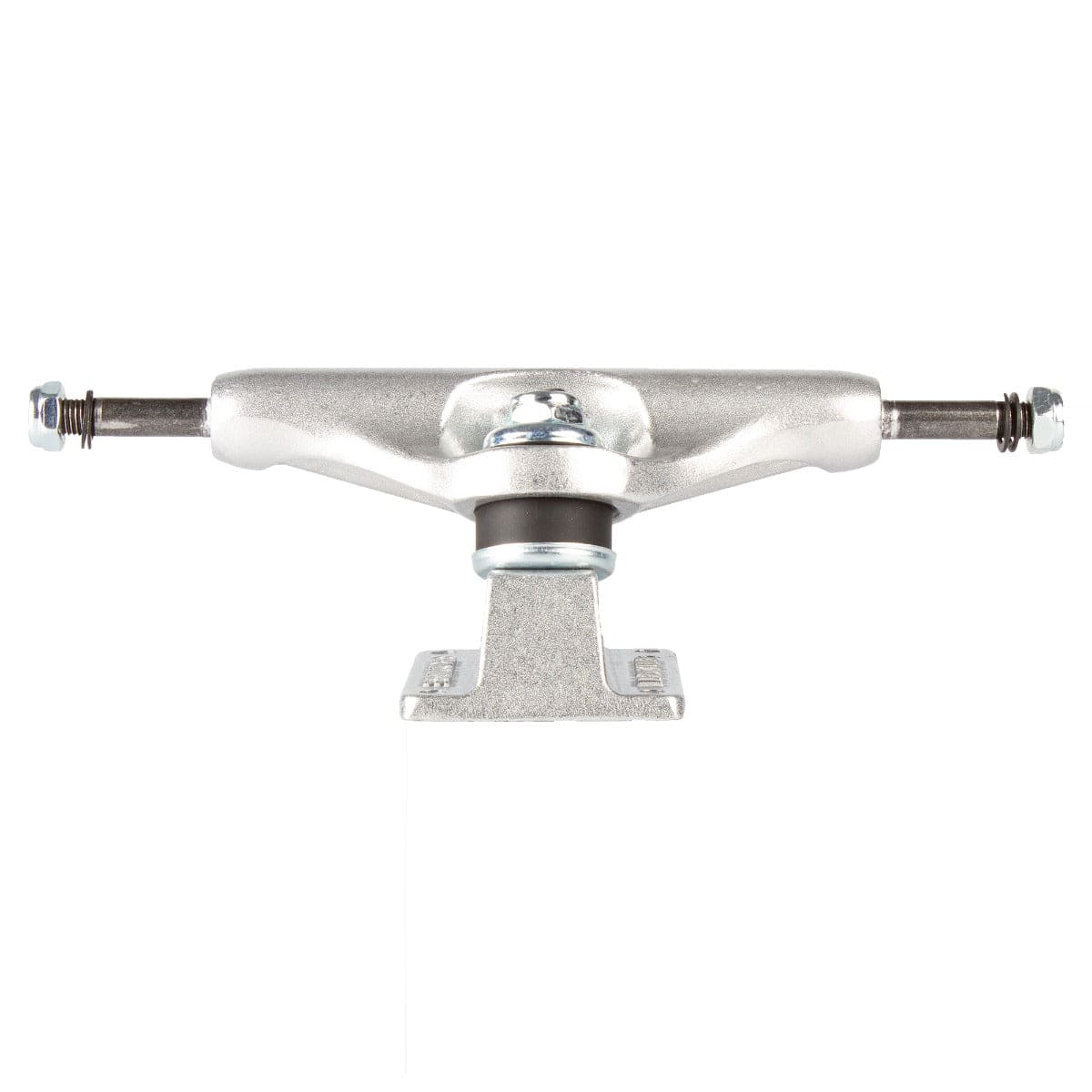 A Fracture Wings V2 Raw Silver skateboard truck, sized at 133mm, boasts a shiny silver finish and 90A bushings, complete with a sturdy baseplate and two metal axles extending outwards against a white background.
