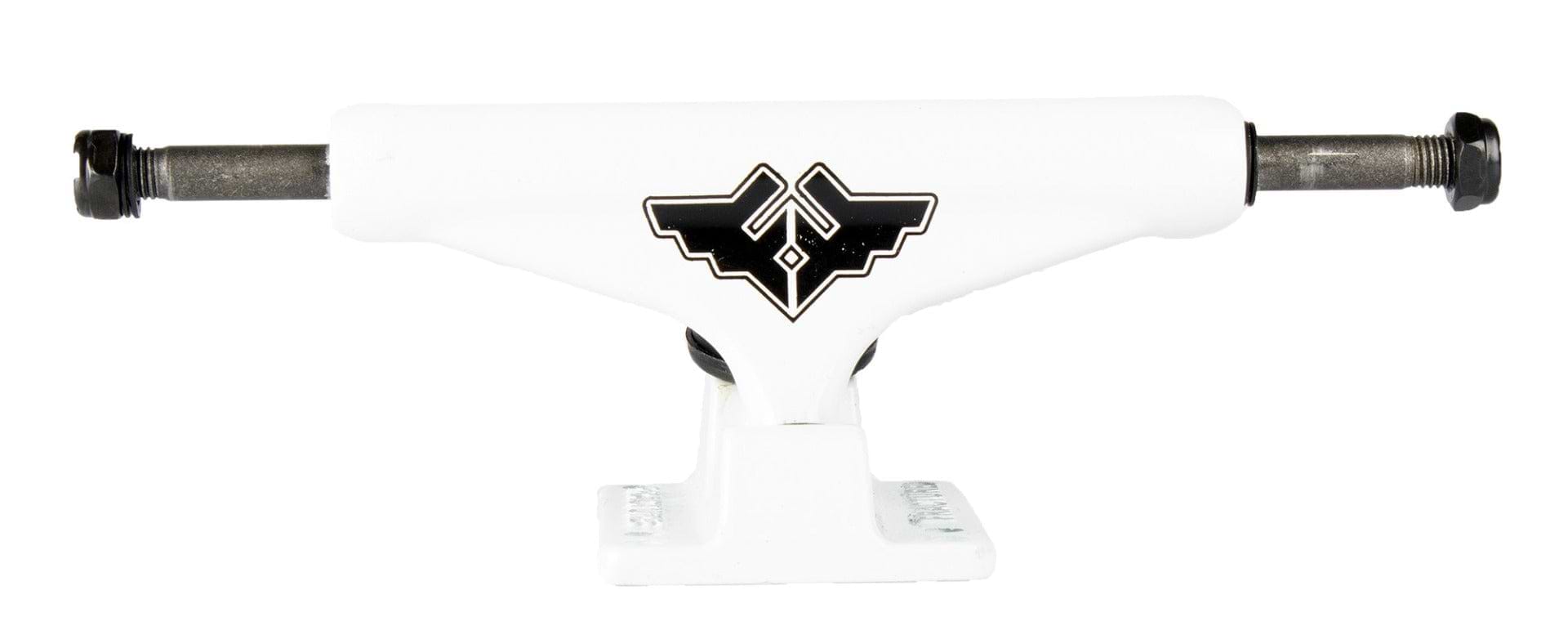 The Fracture Wings V2 White Skateboard Trucks by Fracture, available in a 127mm size, feature a sleek design with a glossy black logo at the center. Each truck includes an aluminium hanger and two exposed metal axles on both ends, creating a minimalistic and modern appearance.