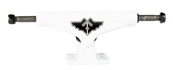 The Fracture Wings V2 White Skateboard Trucks by Fracture, available in a 127mm size, feature a sleek design with a glossy black logo at the center. Each truck includes an aluminium hanger and two exposed metal axles on both ends, creating a minimalistic and modern appearance.