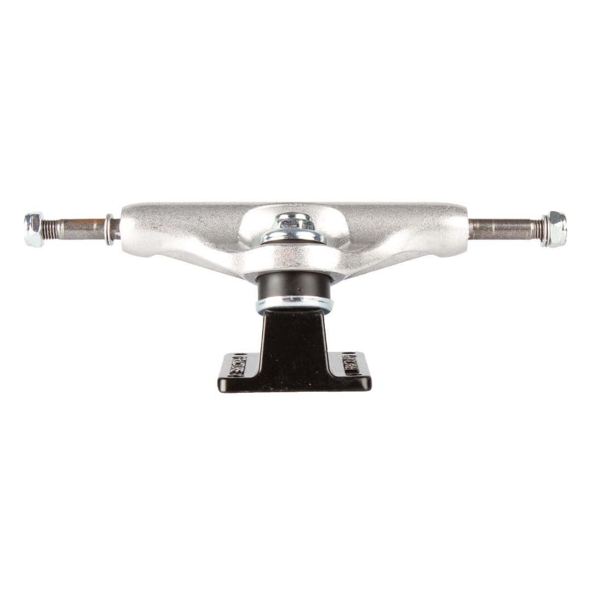 Close-up image of the Fracture Wings V2 Black / Raw Skateboard Trucks, showcasing their polished metal finish. These trucks feature a 140mm aluminium hanger and a black baseplate, expertly designed for mounting wheels to a skateboard deck. The axles are visible on both sides, complemented by durable 90A bushings that ensure a smooth ride.