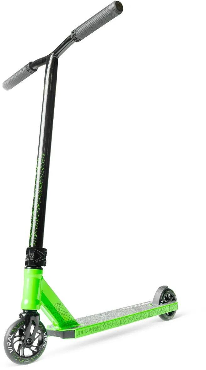 The Madd Gear Viral Purge Complete Stunt Scooter - Jade features a textured deck, sturdy T-bars, and two small wheels—ideal for young stunt riders. Shown in green and black against a plain white background.