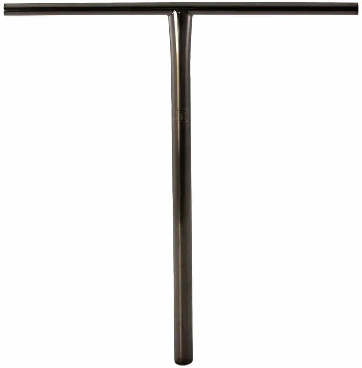 The Lucky Obsidian Titanium Oversized SCS Stunt Scooter T-Bar in black, measuring 610mm by 610mm, features a polished finish that captures the sleek and durable design characteristic of Lucky products, showcased against a simple white background.